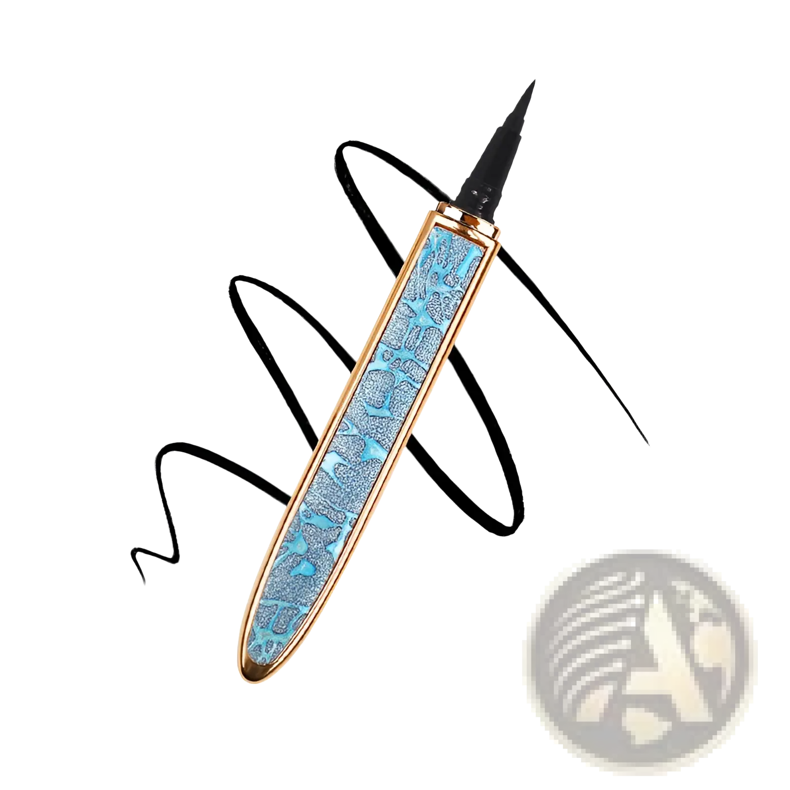 A sleek self-adhesive eyeliner pen with gold accents and shimmering turquoise silver textured body for false lashes