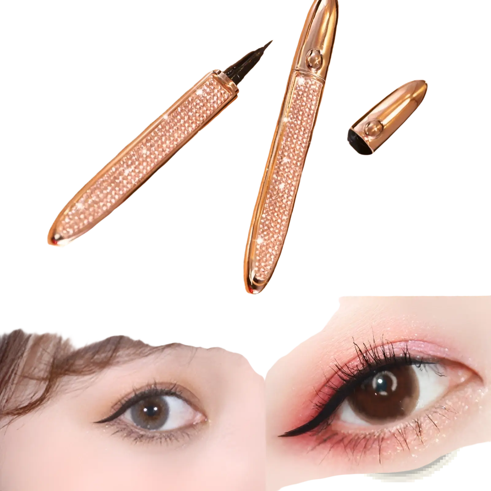 A rose gold self-adhesive eyeliner pen for false lashes with a rhinestone-covered barrel and metallic cap