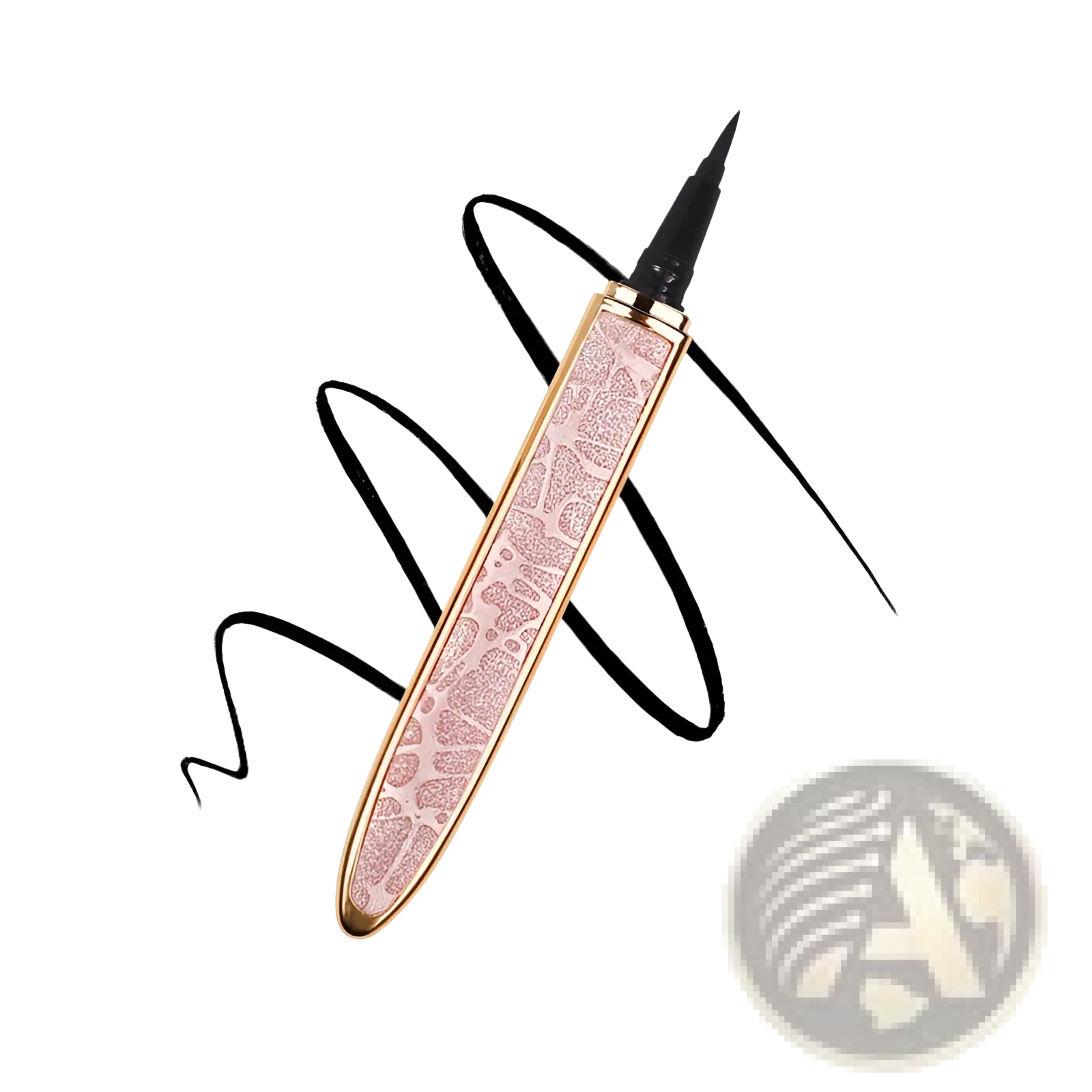 A sleek pink glittery self-adhesive eyeliner pen with gold metallic finish and fine black tip for false lashes waterproof use