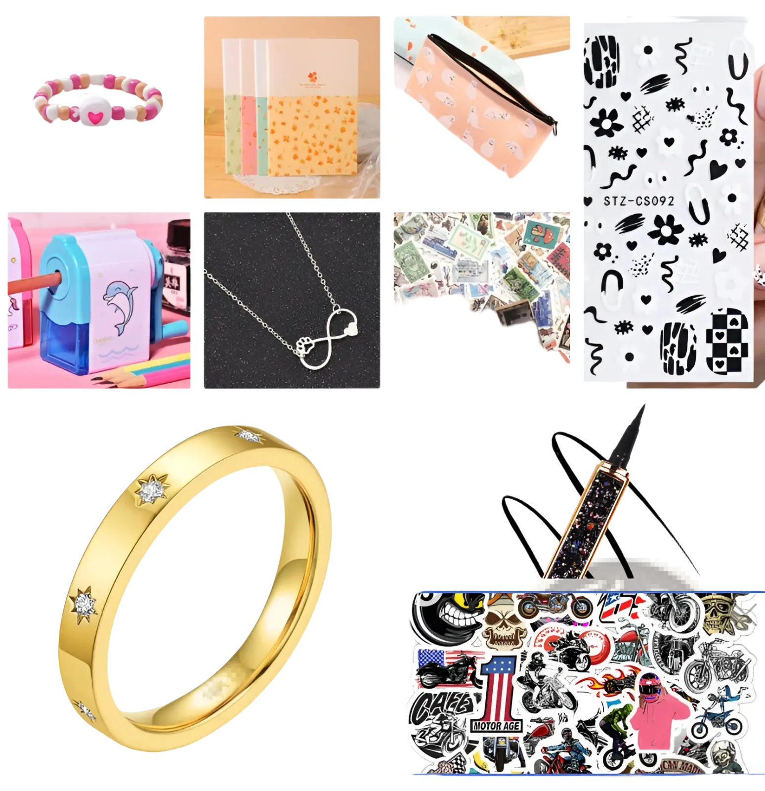 Gold band ring with small star-shaped diamonds along its surface paired with a self-adhesive waterproof eyeliner pen for false lashes
