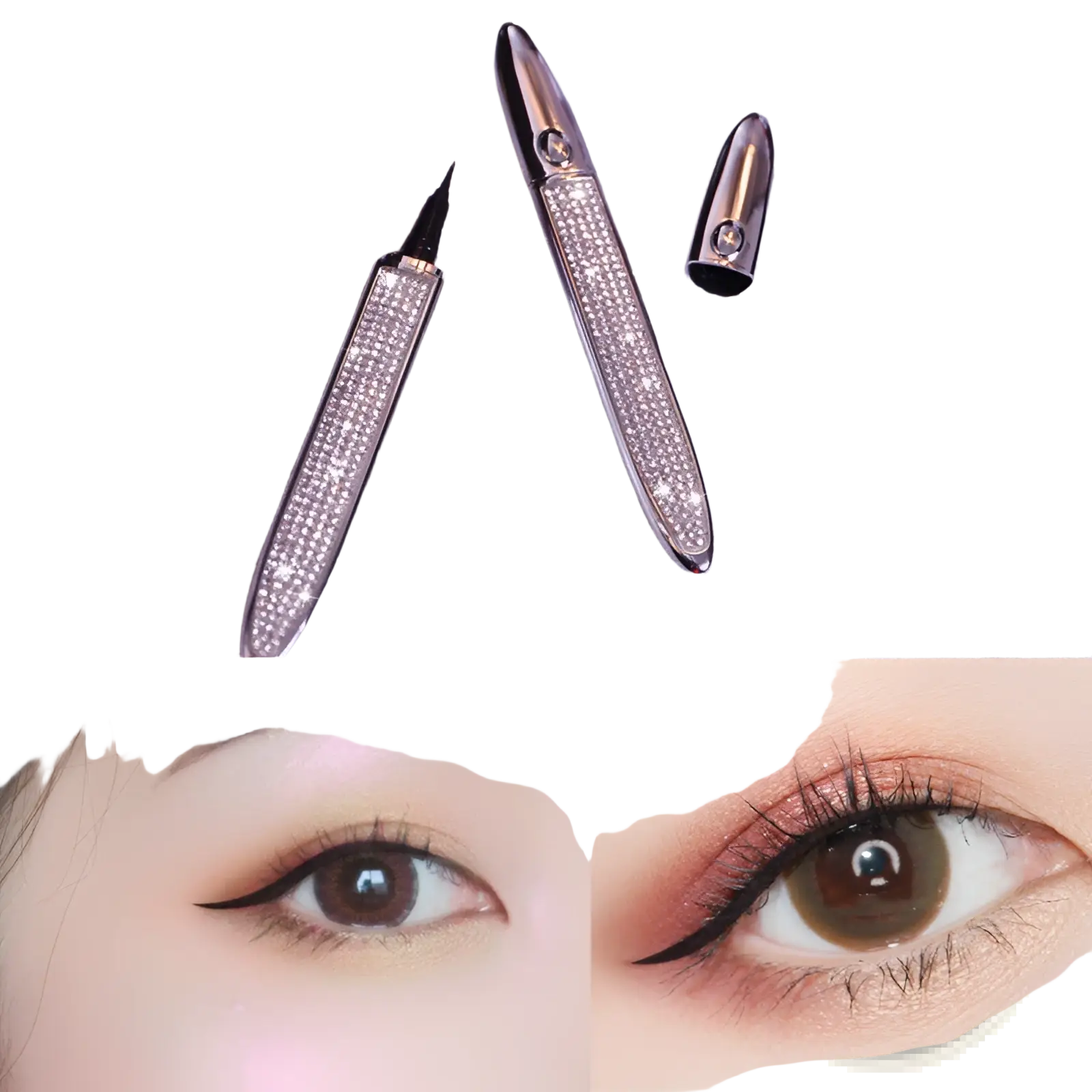 Sparkling silver rhinestone-encrusted self-adhesive eyeliner pen with sleek metallic finish and black tip for false lashes