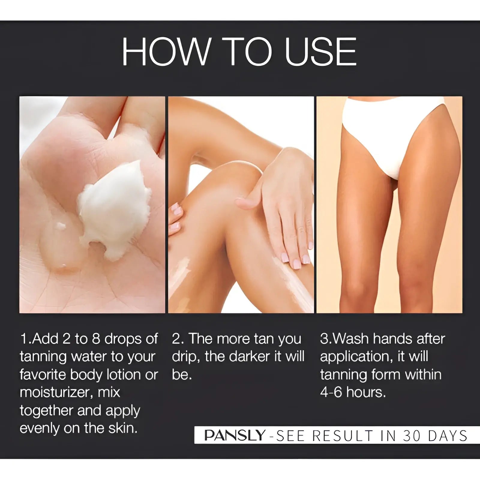 Pansly self tanning drops with hyaluronic acid 30ml clear viscous liquid for mixing into moisturizer to achieve a darker tan