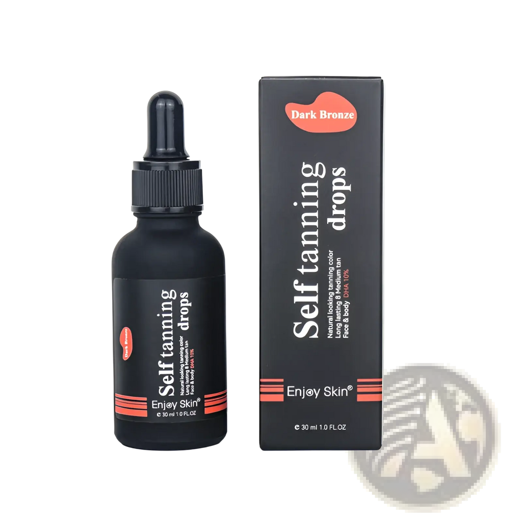 Black glass bottle of enjoy skin self tanning drops with black dropper cap and orange stripes containing hyaluronic acid organic
