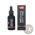 Black glass bottle of enjoy skin self tanning drops with black dropper cap and orange stripes containing hyaluronic acid organic