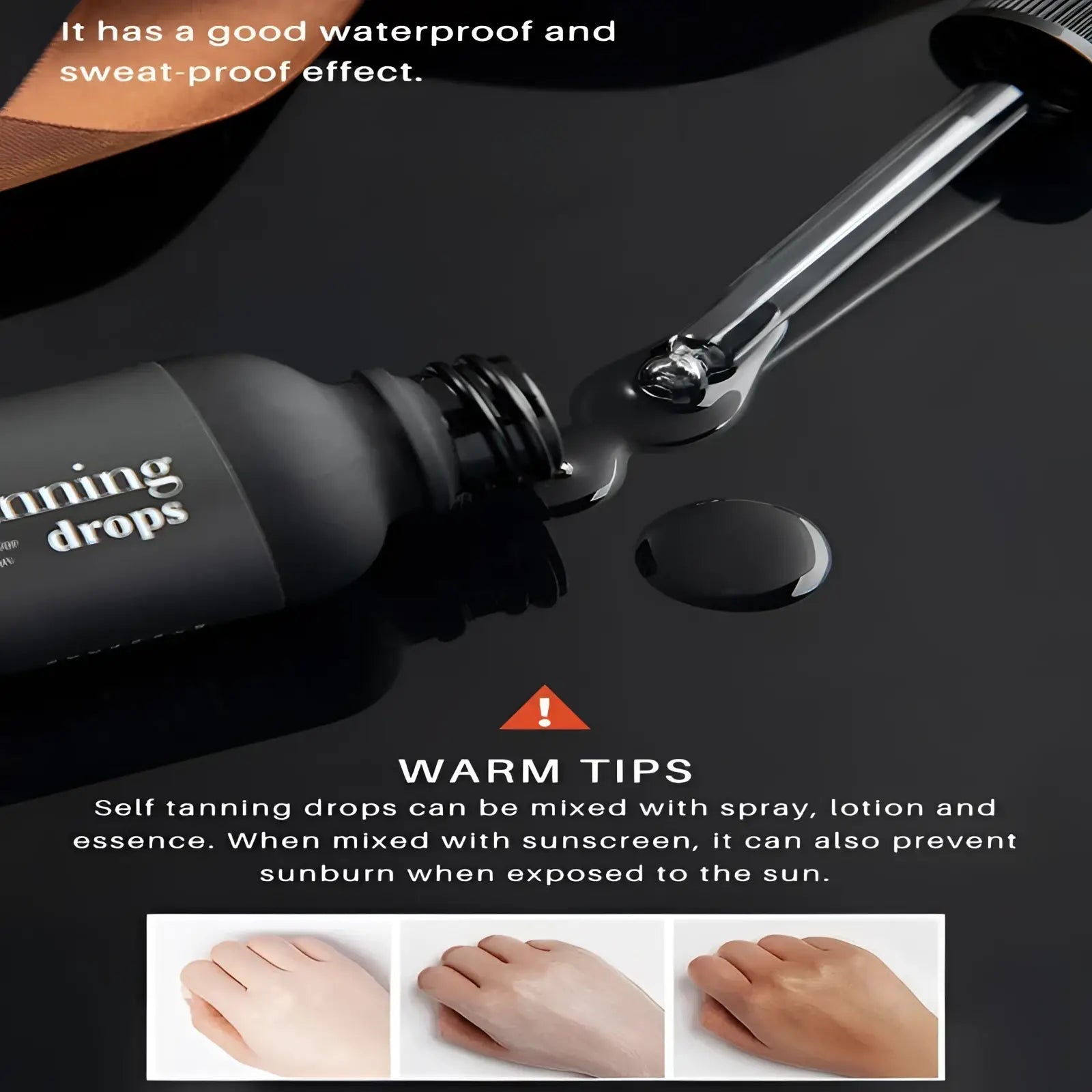 Black glass bottle with dropper labeled tanning drops containing dark liquid for organic self tanning with hyaluronic acid