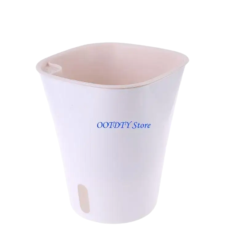 White plastic self watering flower pot with light pink interior and small side drainage hole for nursery use