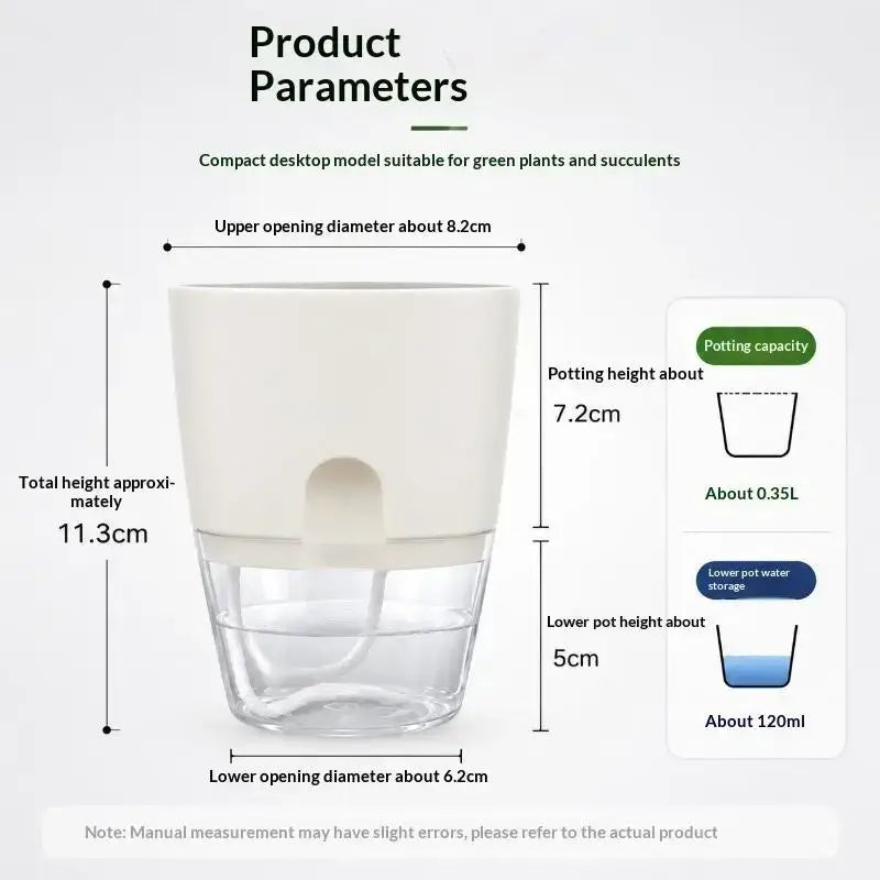 Compact white upper pp pot flower pot with clear plastic self-watering water reservoir for desktop use
