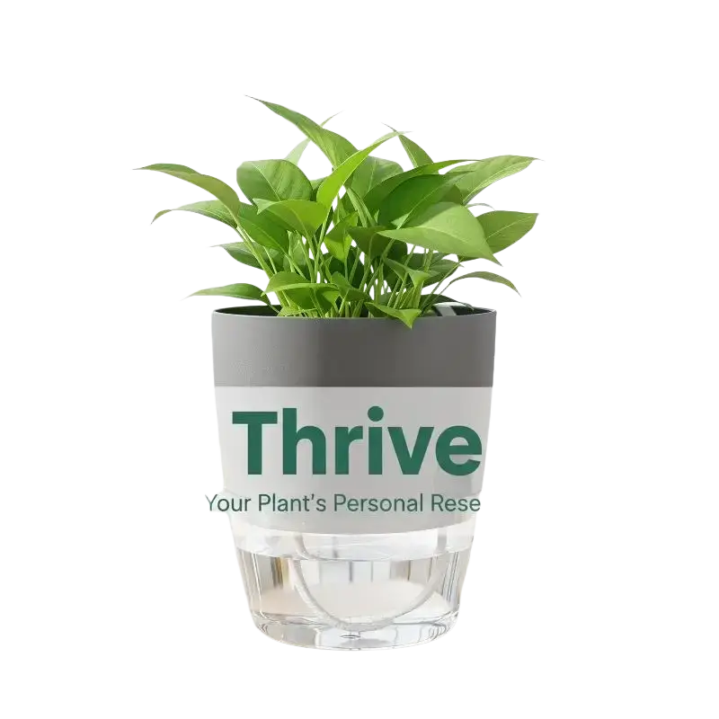 Gray and clear two-part self-watering flower pot with water reservoir and upper pp pot holding a lush green plant