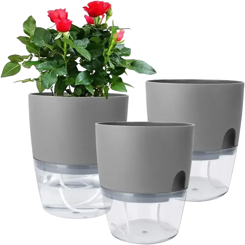 Gray self-watering flower pot with clear acrylic base and integrated water reservoir featuring upper pp pot design