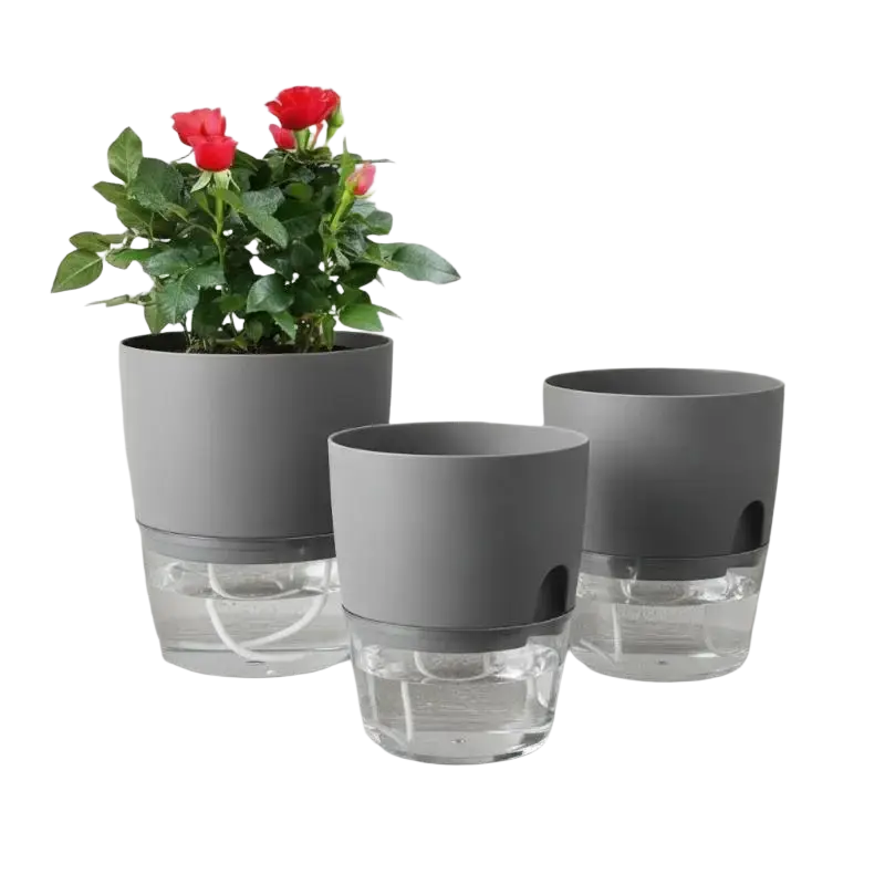 Gray self-watering flower pot with clear glass water reservoir base and red roses in the largest upper pp pot