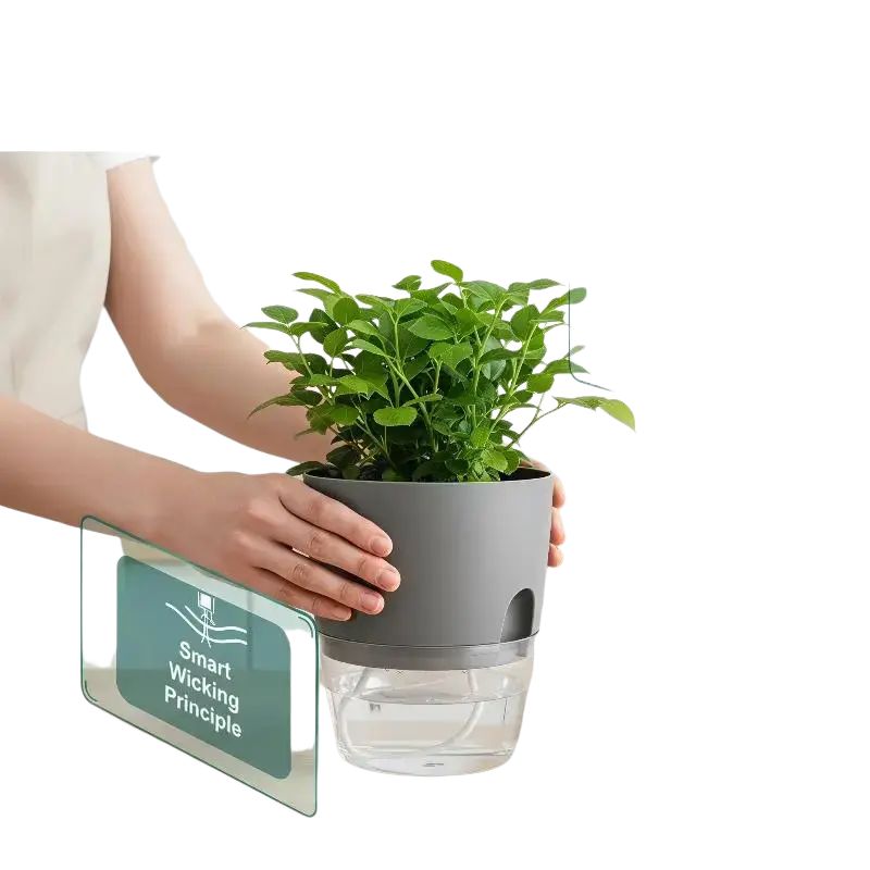 Gray self-watering flower pot with upper pp pot and clear water reservoir for up to 30 days hydration