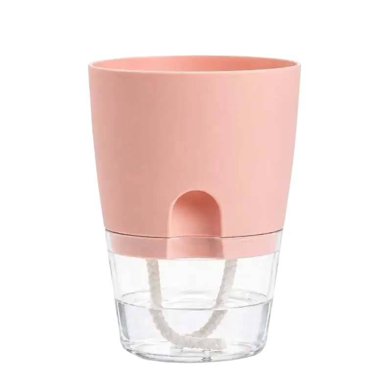 Pink plastic self-watering flower pot with water reservoir clear glass base and white wicking cord upper pp pot