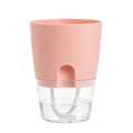 Pink plastic self-watering flower pot with water reservoir clear glass base and white wicking cord upper pp pot