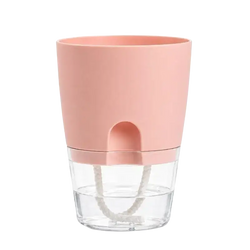 Pink plastic self-watering flower pot with water reservoir clear glass base and white wicking cord upper pp pot