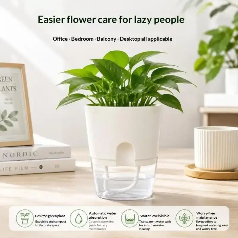 White self-watering flower pot with water reservoir, upper pp pot, clear base, and side opening for automatic absorption