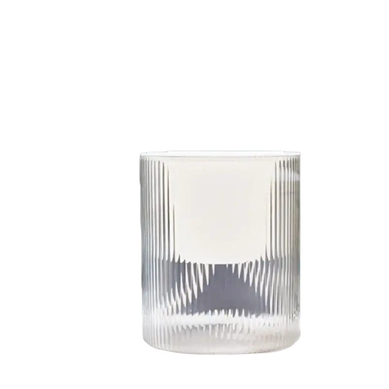 Clear glass self watering indoor plant pot with vertical ridged texture and white interior for desktop use