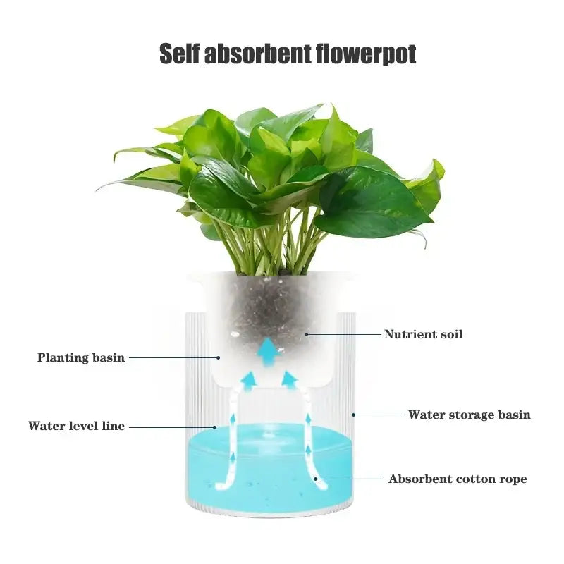 White glass self watering indoor plant pot with transparent water basin and absorbent cotton rope system for desktop use