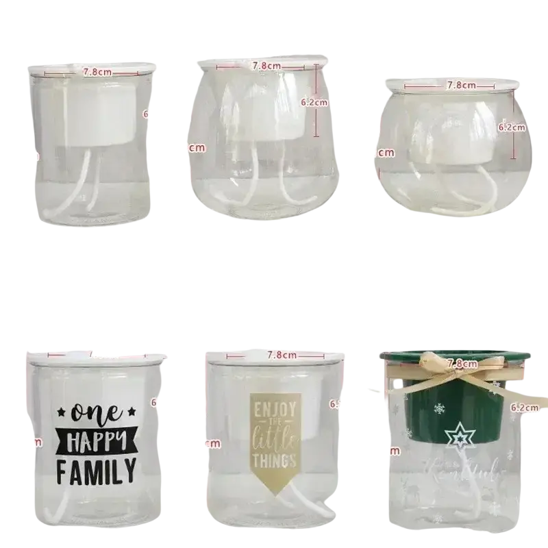 Clear glass self watering mini plastic succulent pots with white and green lids featuring decorative designs in 6 pack