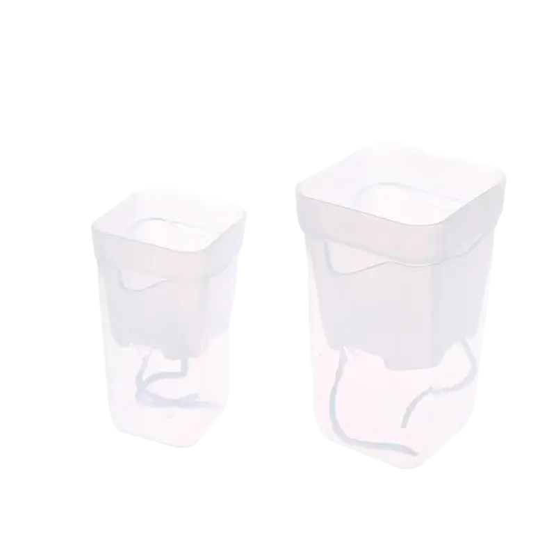 Transparent plastic rectangular watering plant pots with integrated handles and curved top edge 5-pack set