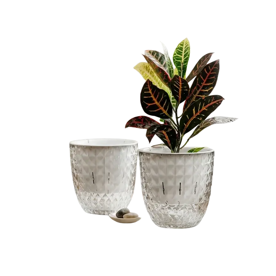 Clear faceted glass double layer planter with geometric diamond pattern and self-watering feature for flowers