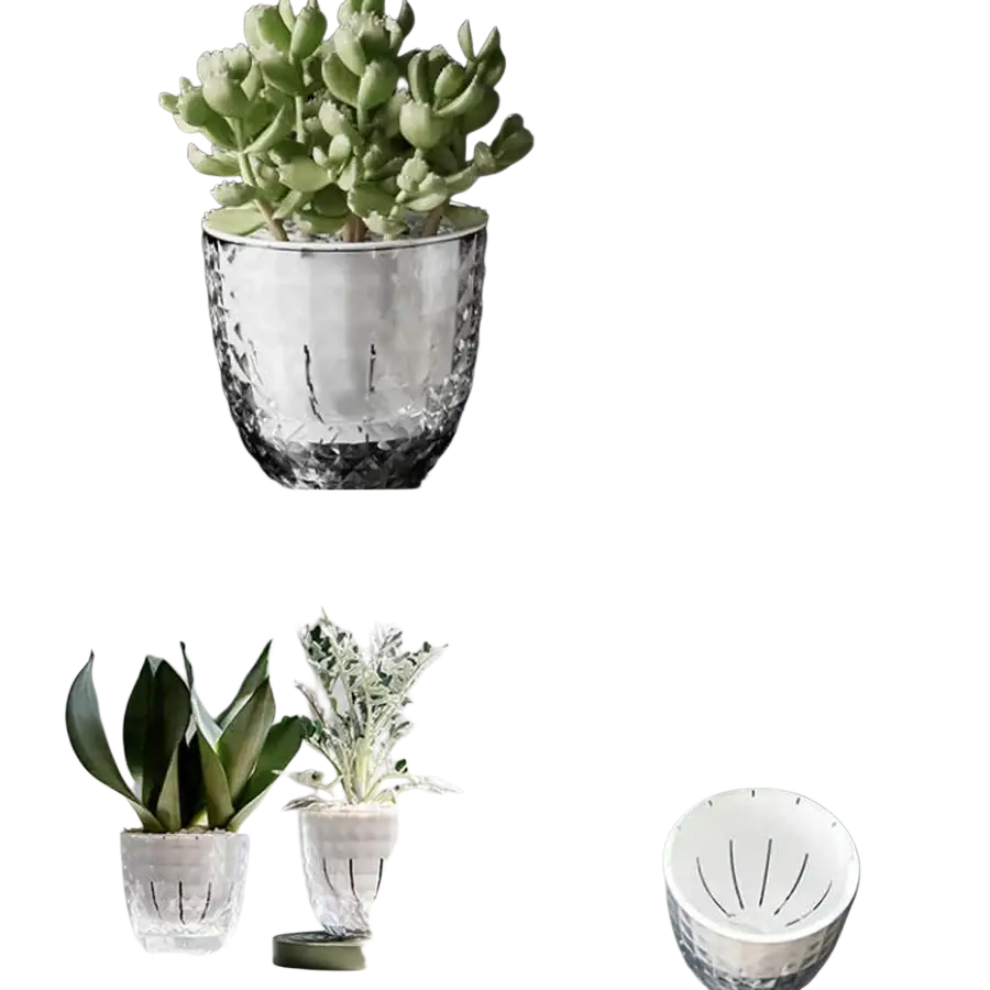 Silver hammered metal double layer planter with textured faceted surfaces and self-watering feature for flowers
