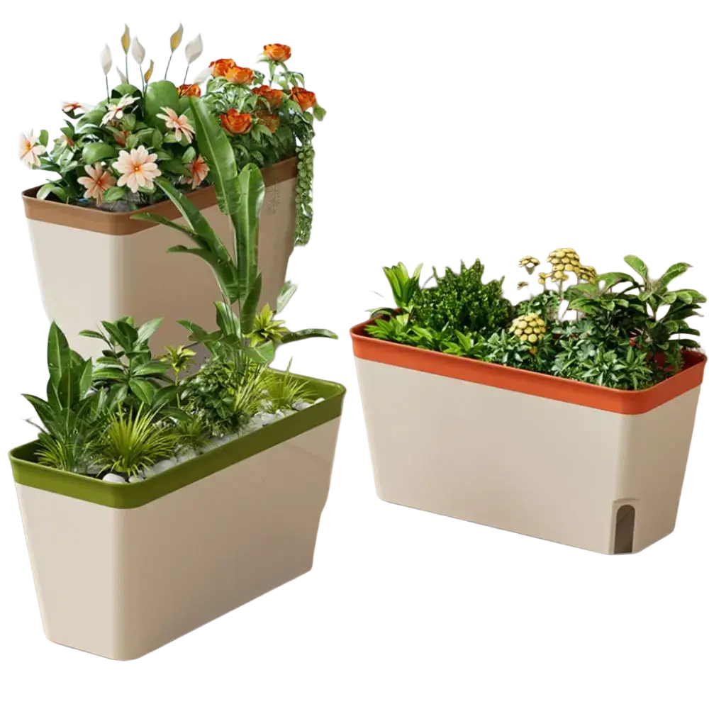 Beige rectangular self watering planter with colorful green orange and brown rims and water level window for indoor plants