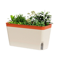 Cream-colored rectangular self watering planter with orange rim and water level window filled with indoor plants and yellow blooms