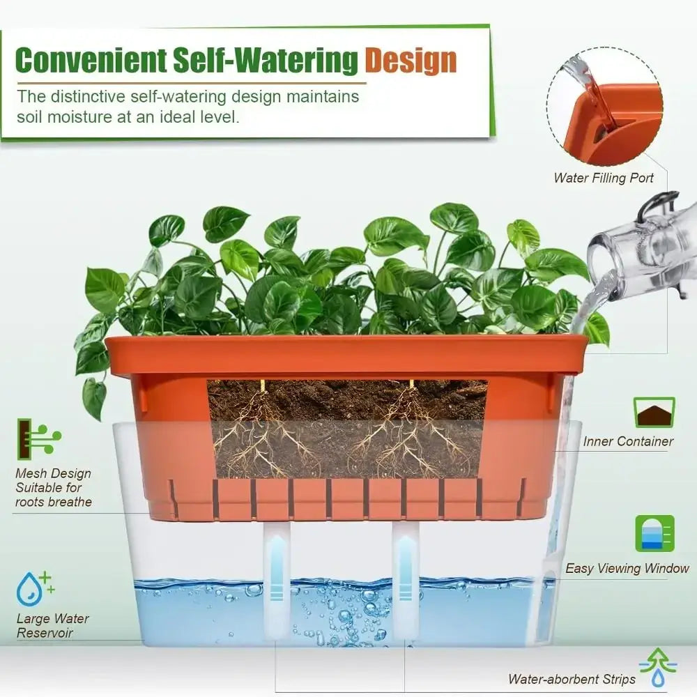 Orange plastic self watering planter for indoor plants with water level window and transparent reservoir below