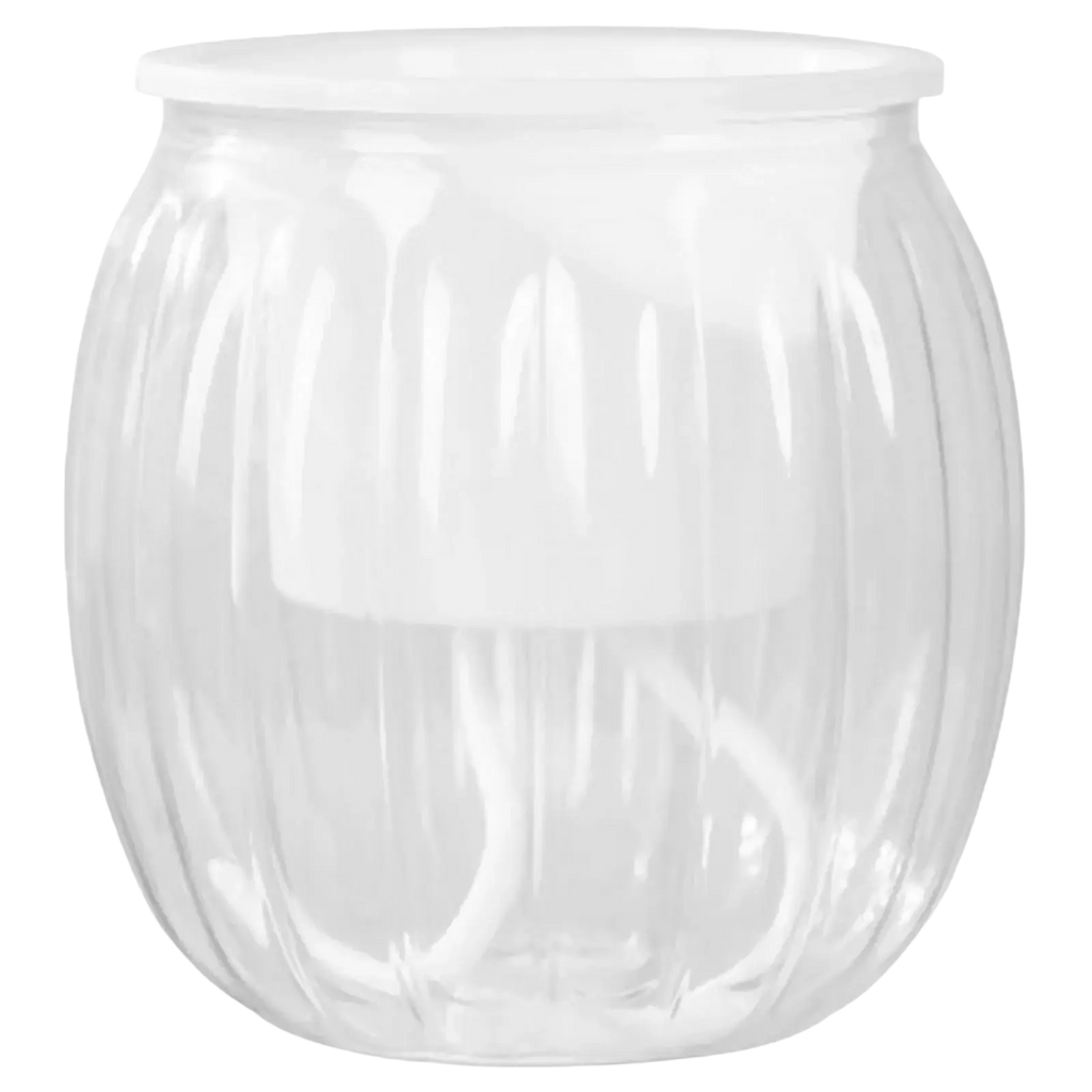 Clear ribbed plastic self-watering planters pots with white lid in transparent pumpkin style for efficient watering