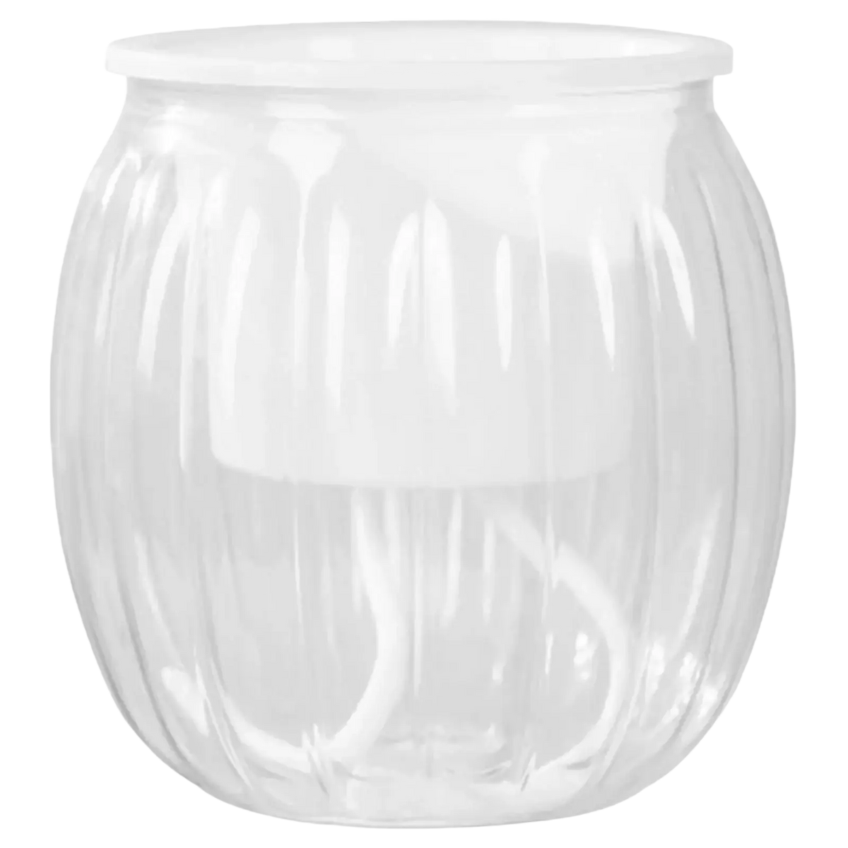 Clear ribbed plastic self-watering planters pots with white lid in transparent pumpkin style for efficient watering