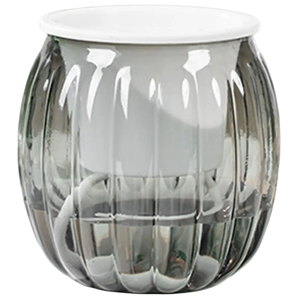 A sleek translucent gray glass self-watering planter pot with vertical ridges and a smooth white lid pumpkin style