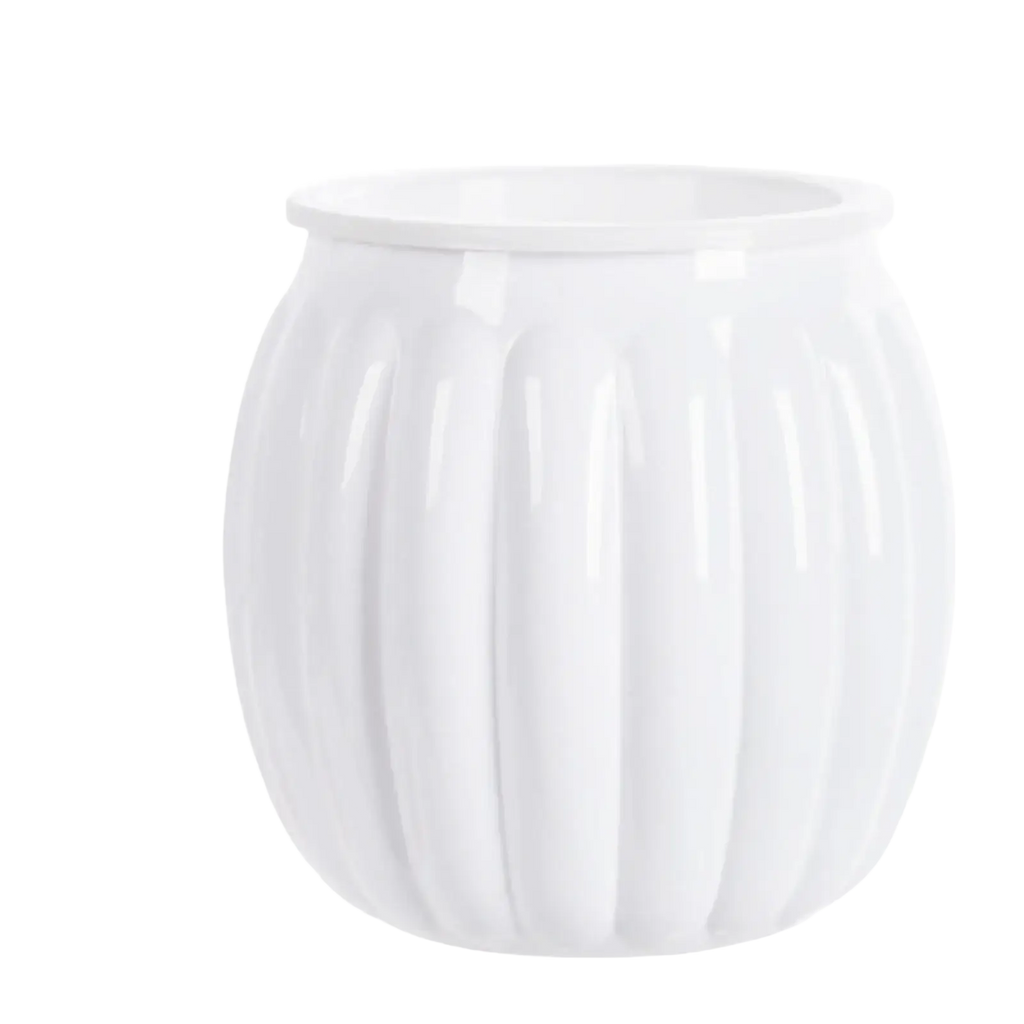 White ceramic self-watering planters pots with vertical ribbed texture and glossy finish in pumpkin style design