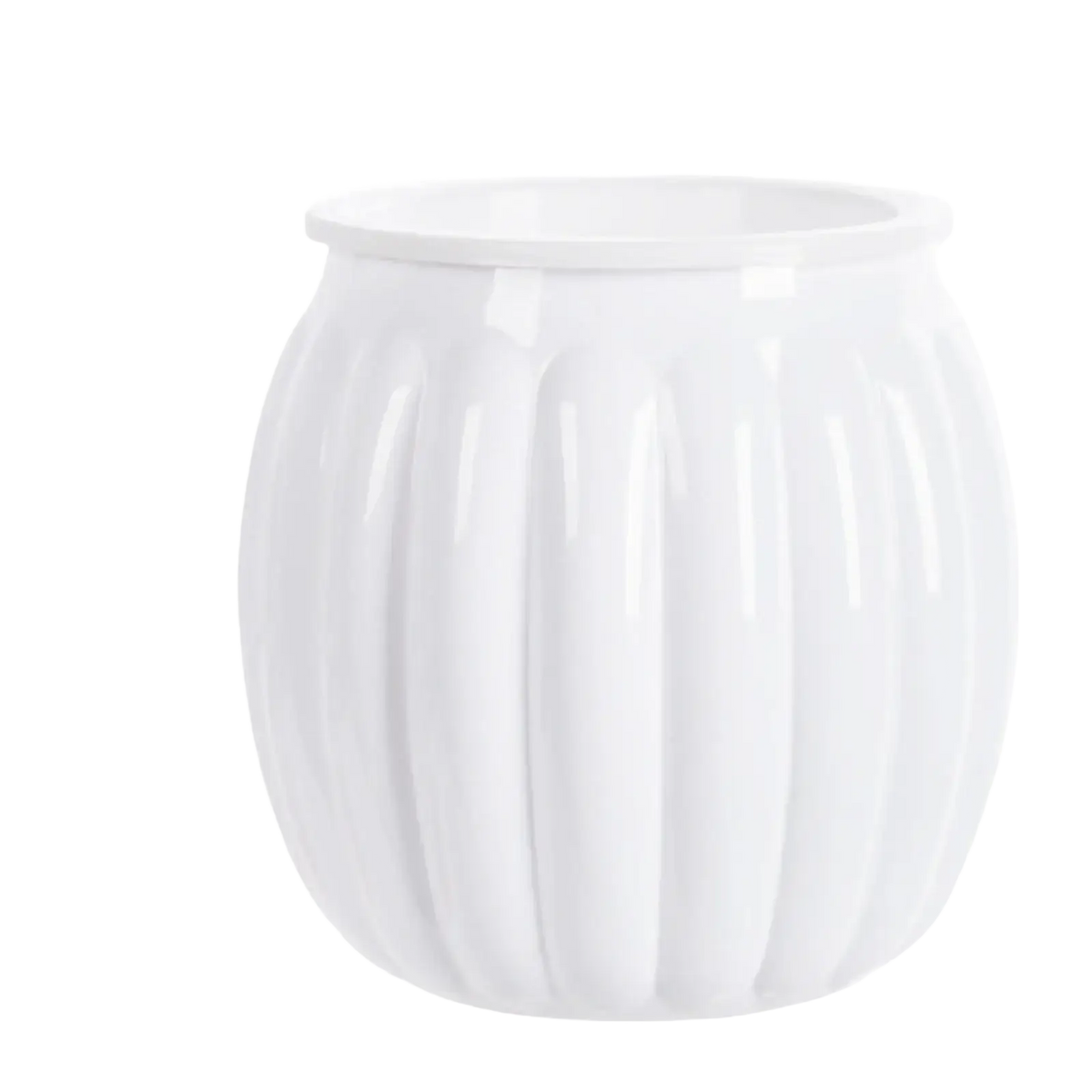 White ceramic self-watering planters pots with vertical ribbed texture and glossy finish in pumpkin style design