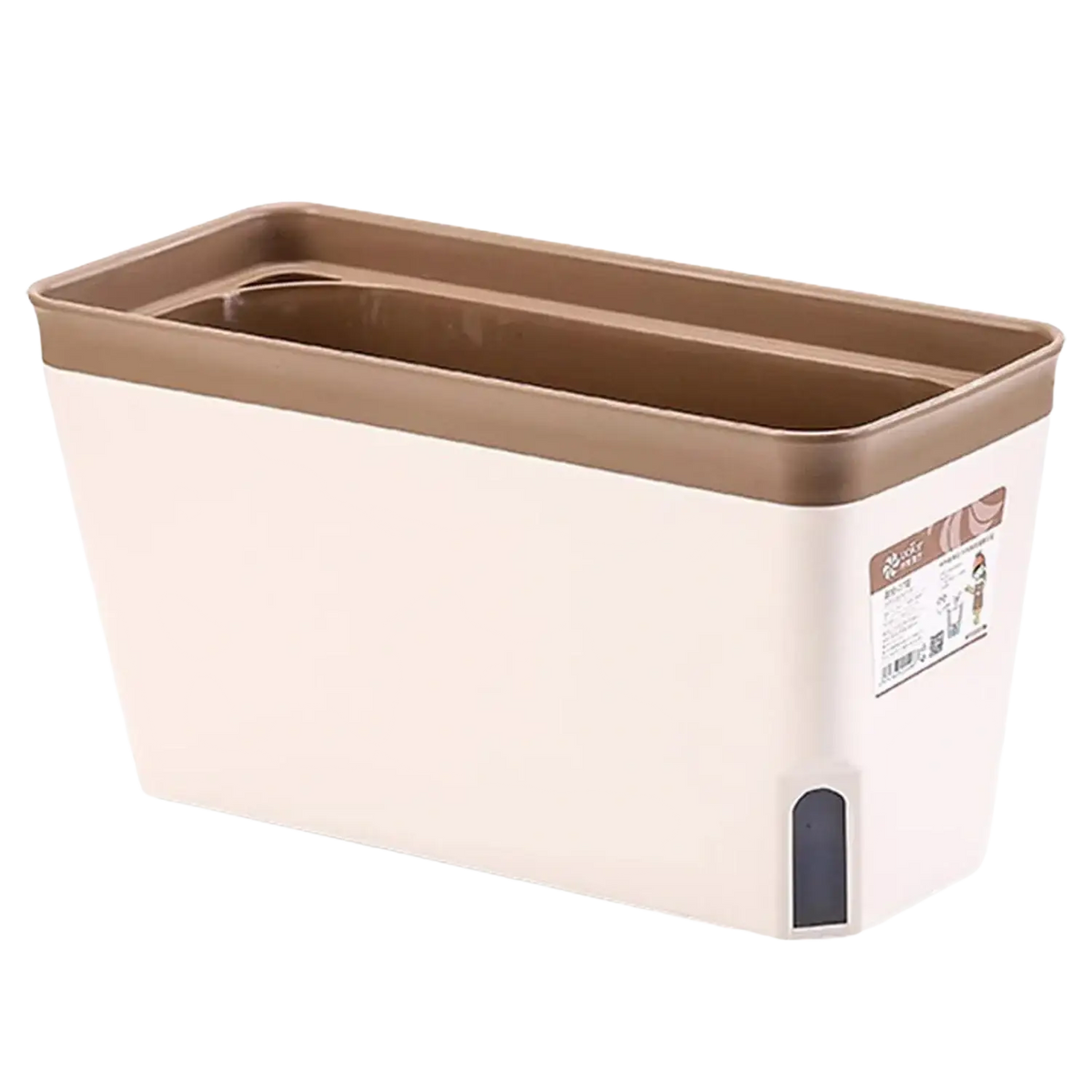 Beige and brown plastic rectangular flower pot with small dark gray handle for automatic watering with cotton strips