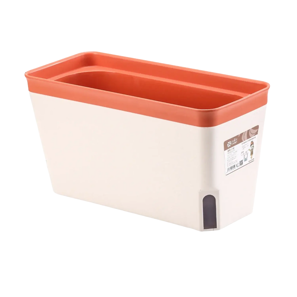 Cream-colored plastic self watering rectangular flower pot with orange rim, dark gray drainage hole, 27cm by 14.4cm by 8cm, includes cotton strips for automatic watering