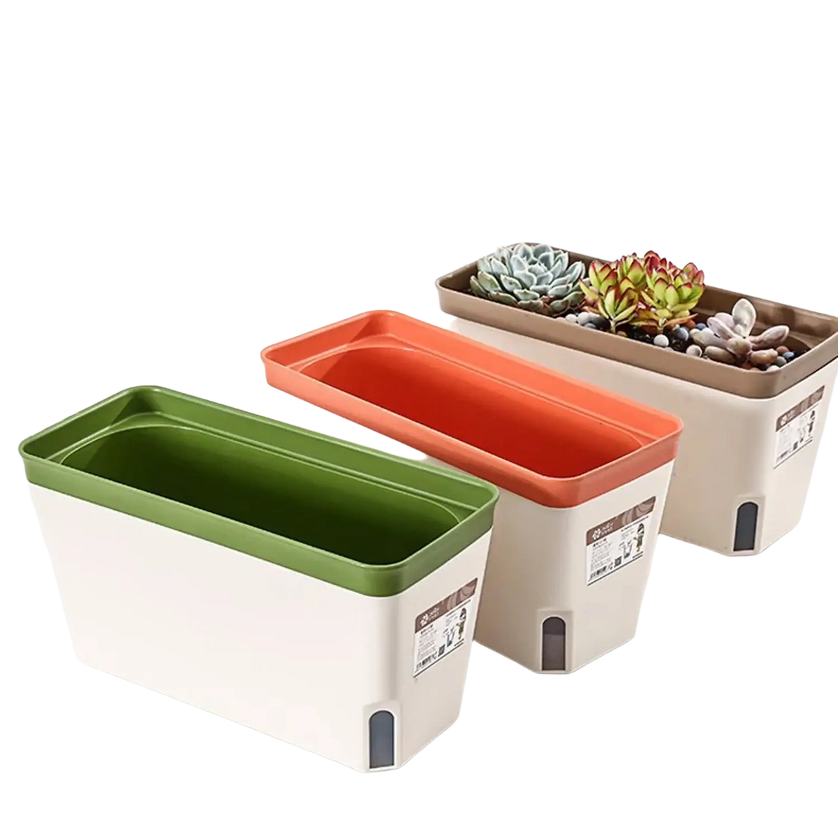 Self watering plastic rectangular flower pots in green orange and beige with matching lids featuring automatic watering and cotton strips