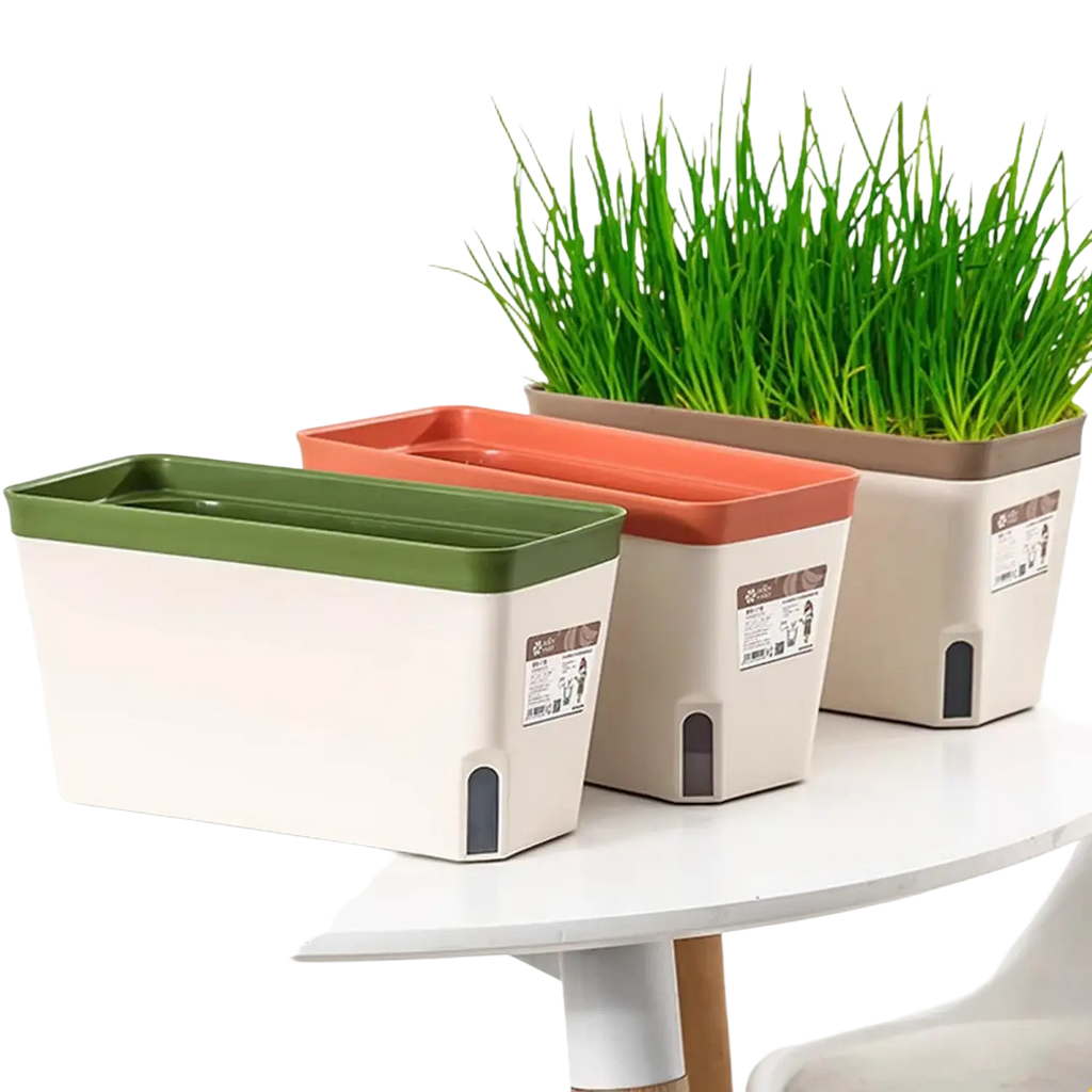 Self watering plastic rectangular flower pots in green orange and beige with matching lids and cotton strips for automatic watering