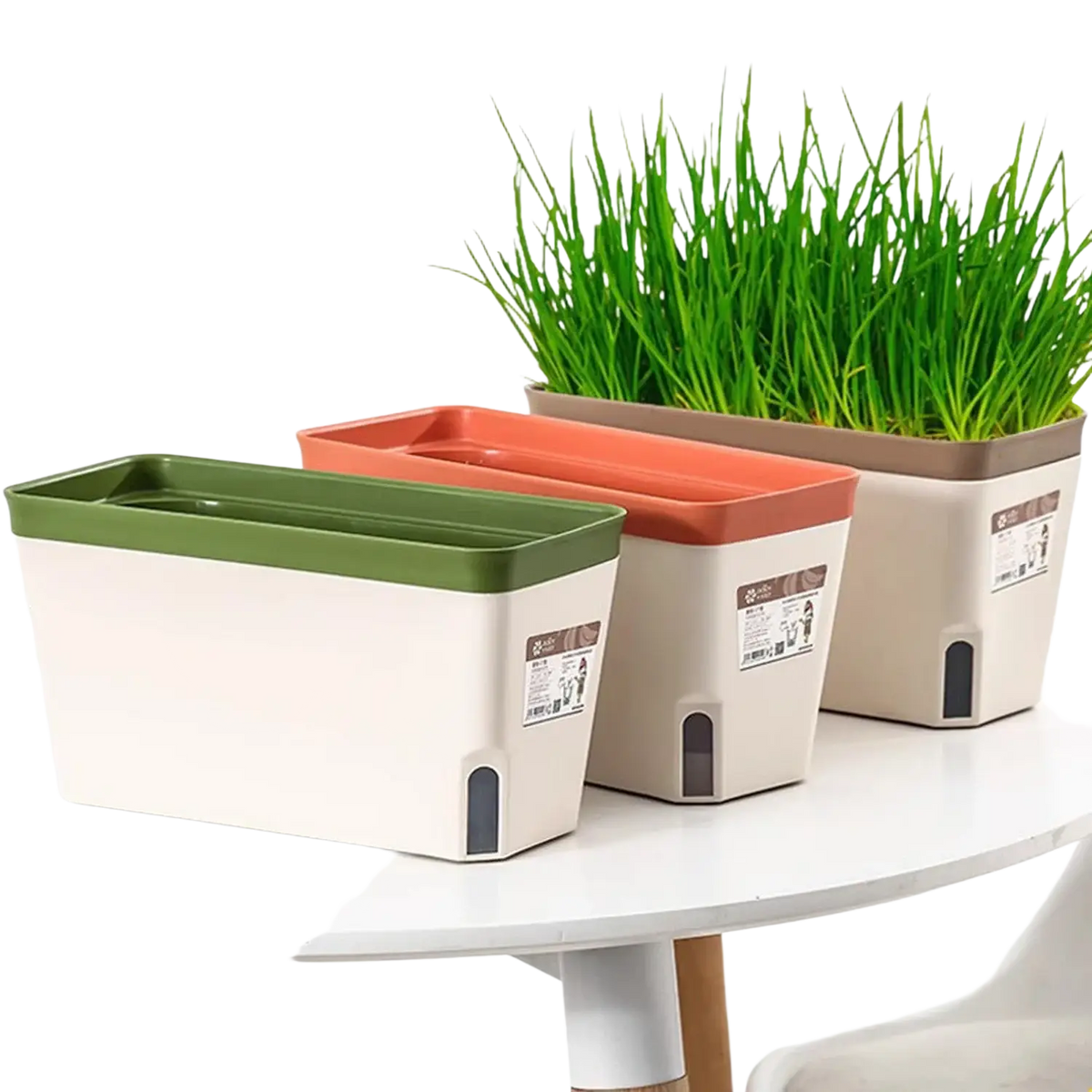Self watering plastic rectangular flower pots in green orange and beige with matching lids and cotton strips for automatic watering