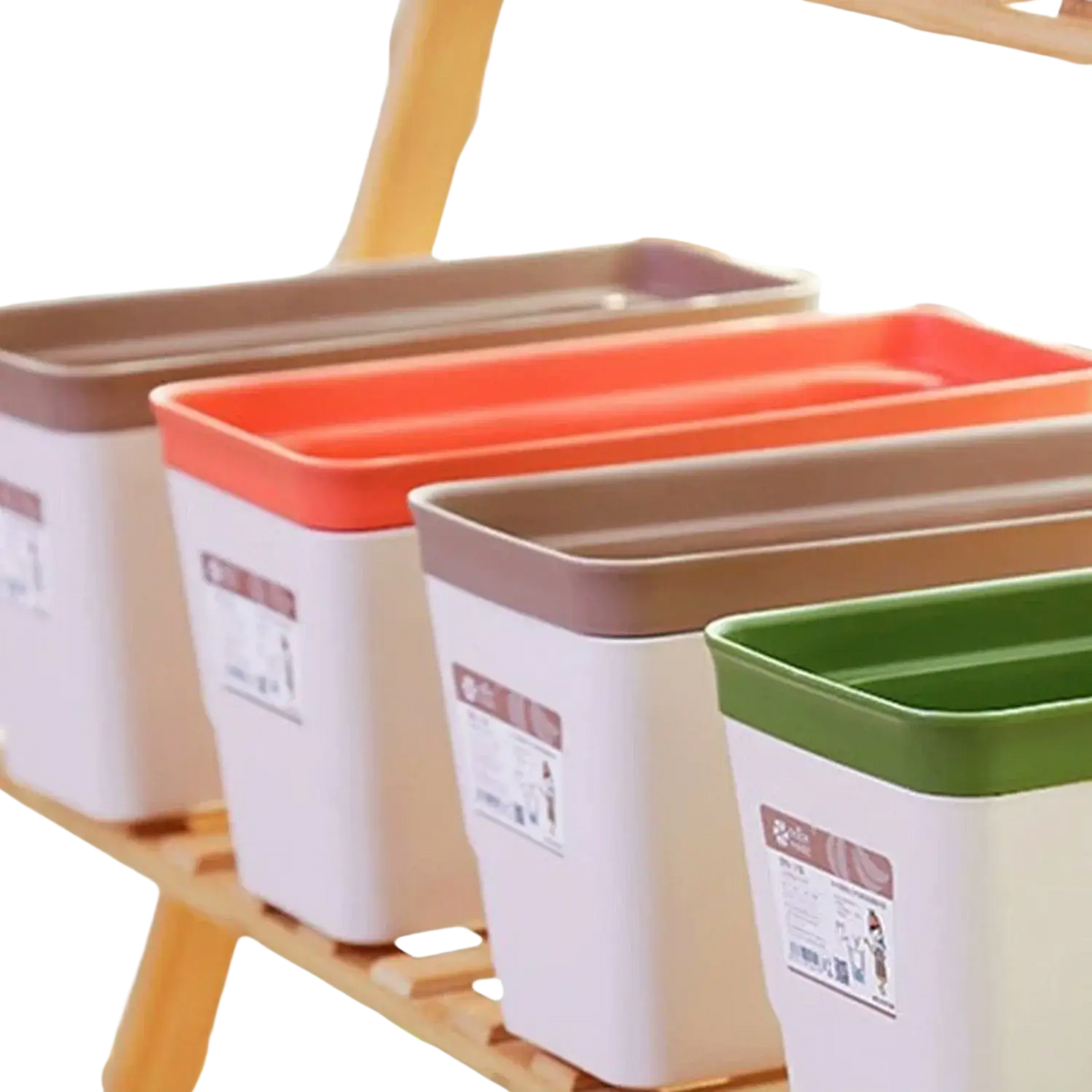 Set of four self watering plastic rectangular flower pots with white bodies colored lids and automatic watering cotton strips