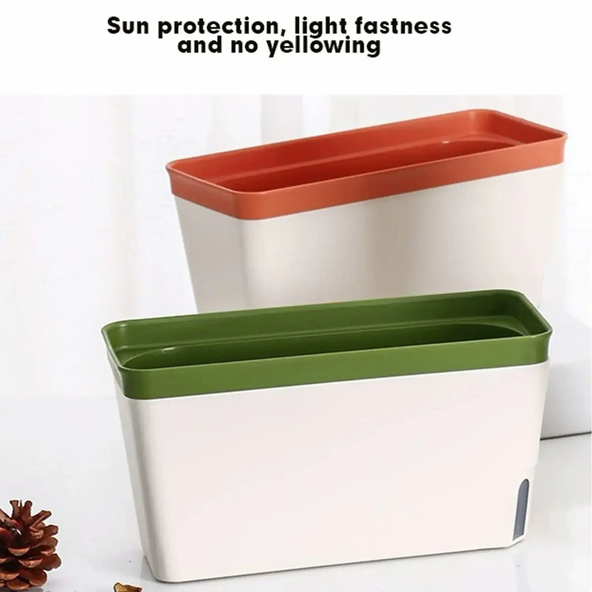 Self watering plastic rectangular flower pots with orange and green lids featuring automatic watering and cotton strips