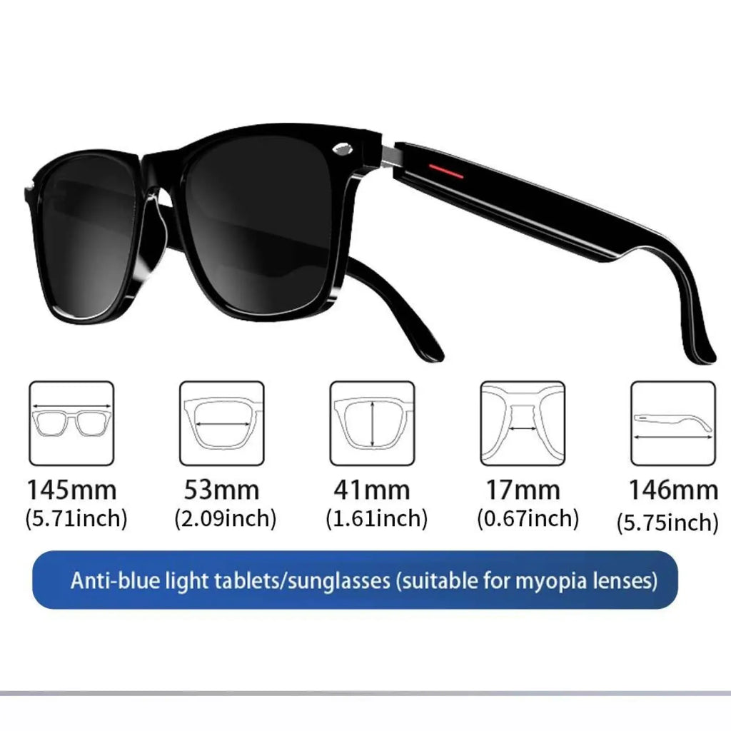 Senbono E13 smart Bluetooth audio sunglasses with black frames, dark gradient blue light lenses, and modern design