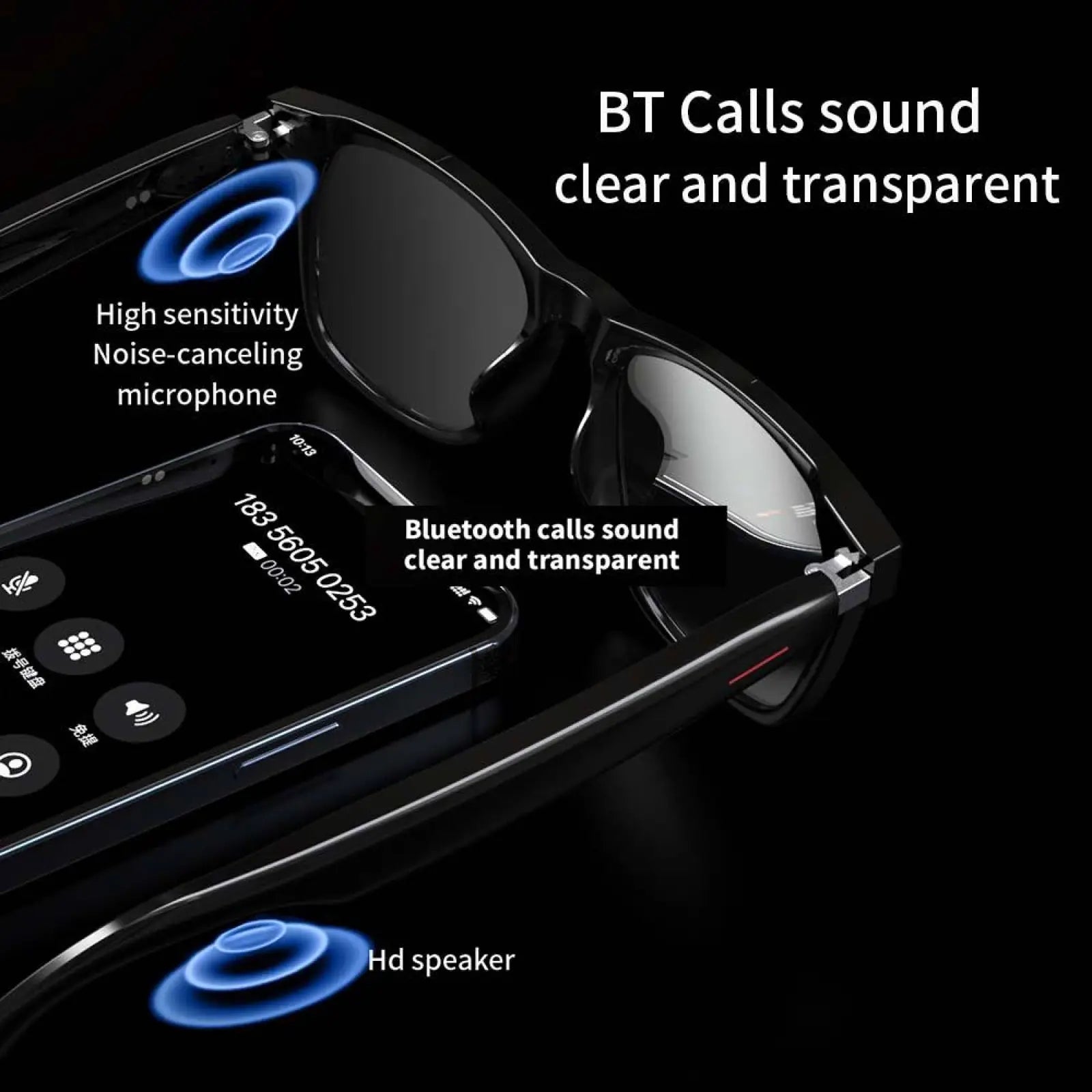 Senbono e13 smart bluetooth audio sunglasses with black frames blue light lens and integrated speakers in sleek design
