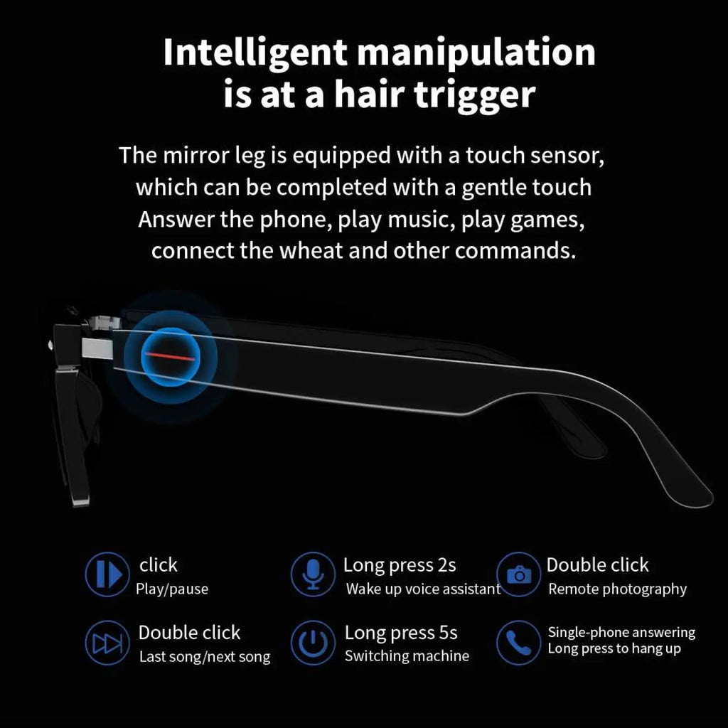 Senbono E13 black-framed smart Bluetooth audio sunglasses with blue light lens and touch-sensitive mirror leg controls