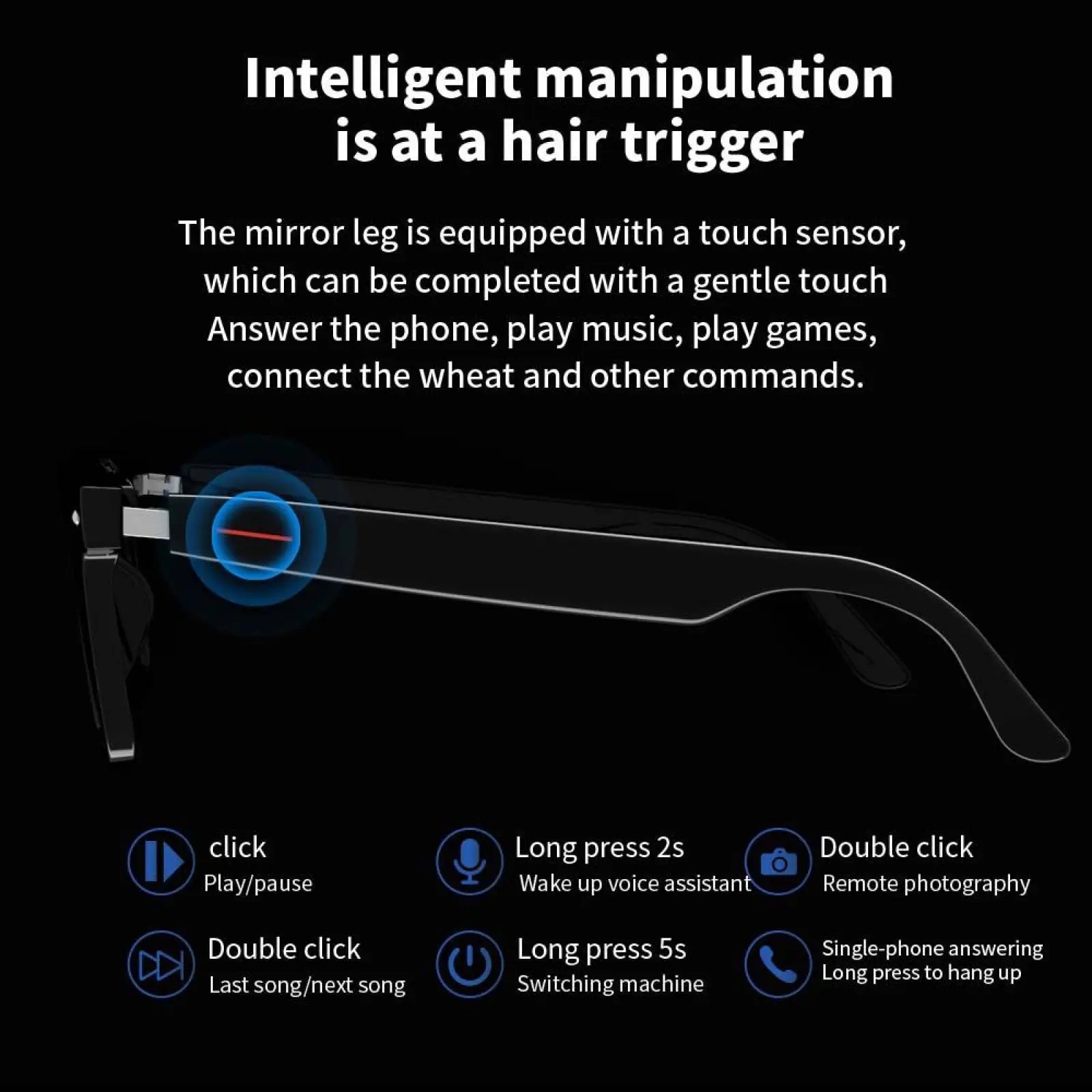 Senbono E13 black-framed smart Bluetooth audio sunglasses with blue light lens and touch-sensitive mirror leg controls