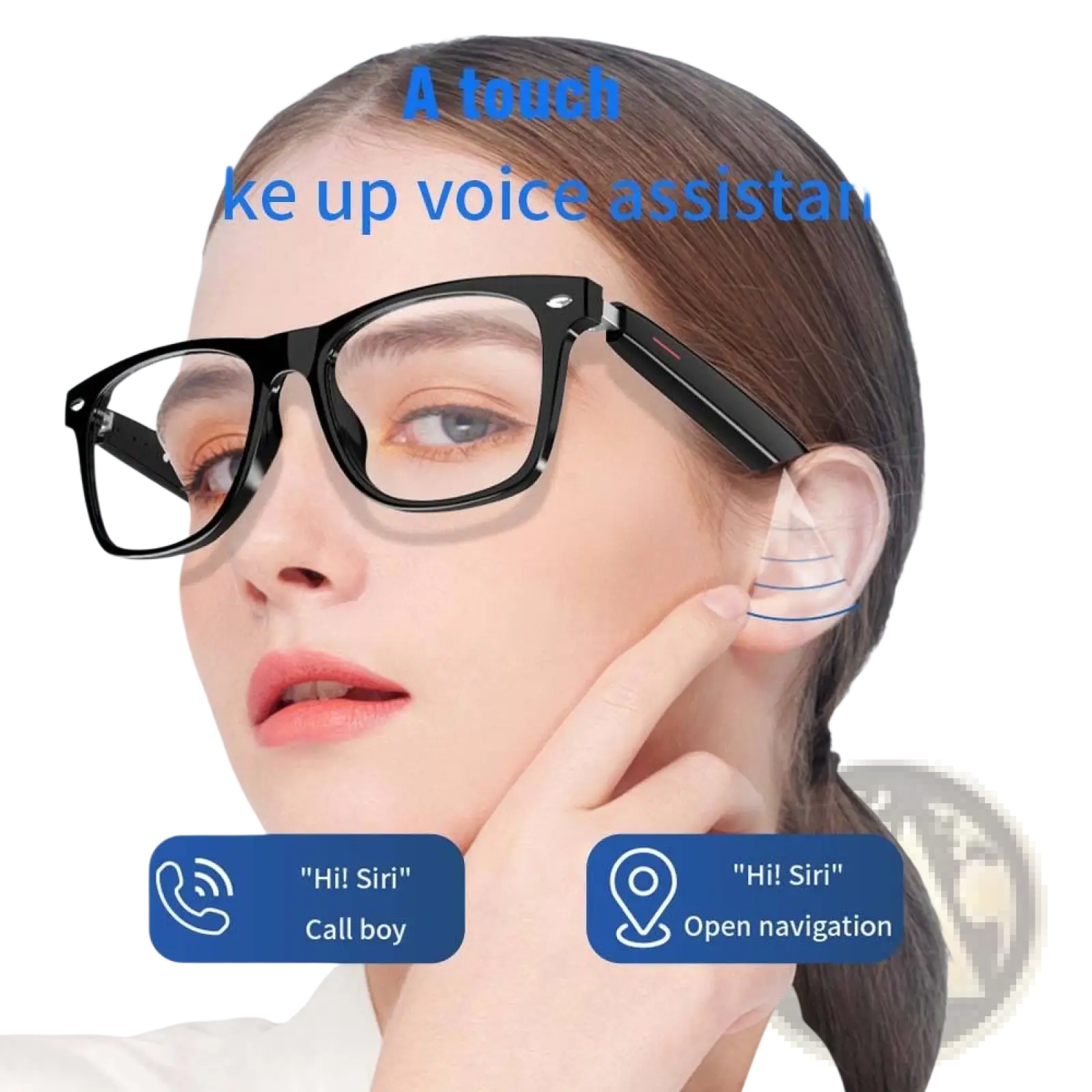 Black-framed Senbono E13 smart Bluetooth audio sunglasses with integrated earpiece and blue light lens