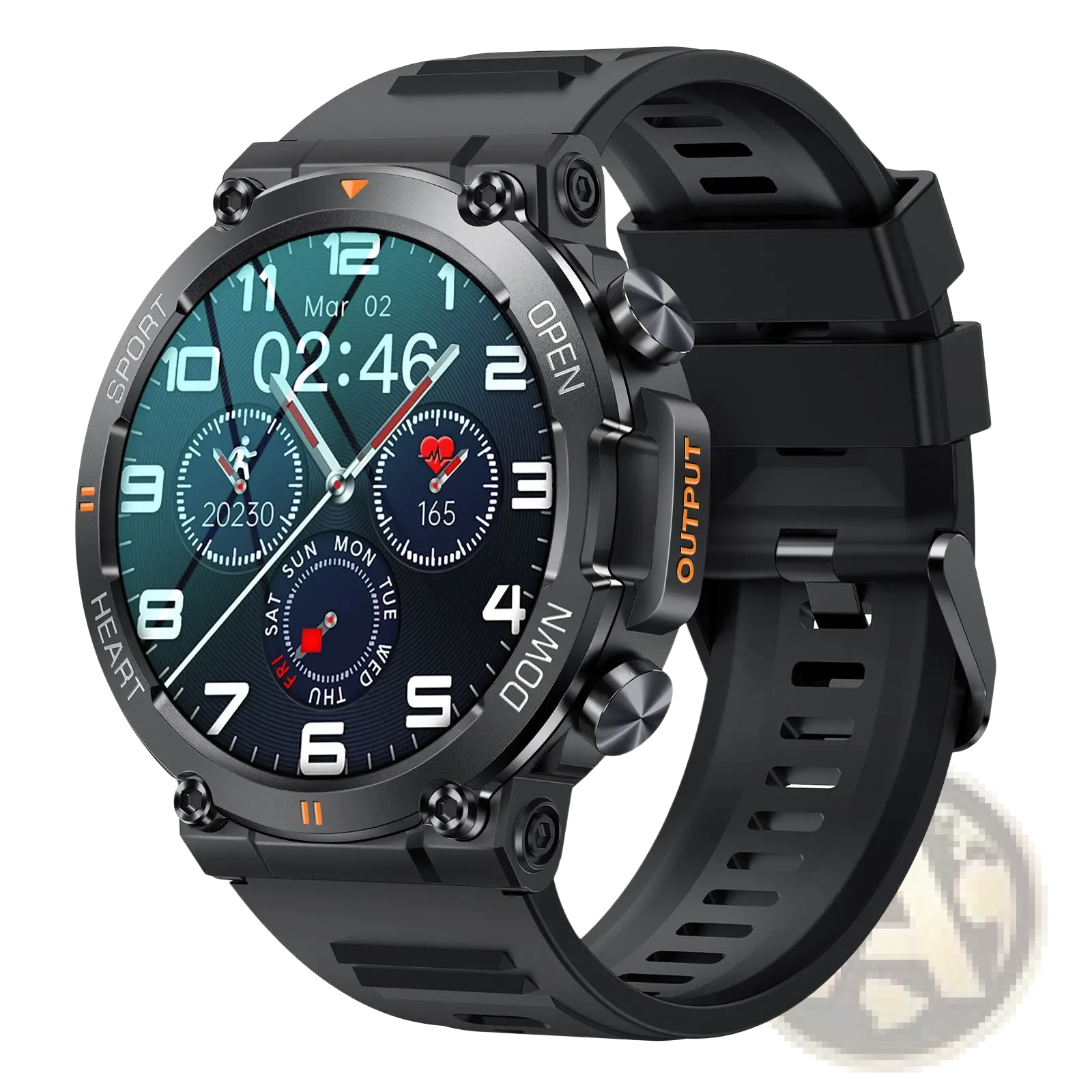 Senbono men rugged outdoor smartwatch in black with teal digital face and multiple fitness tracking sub dials
