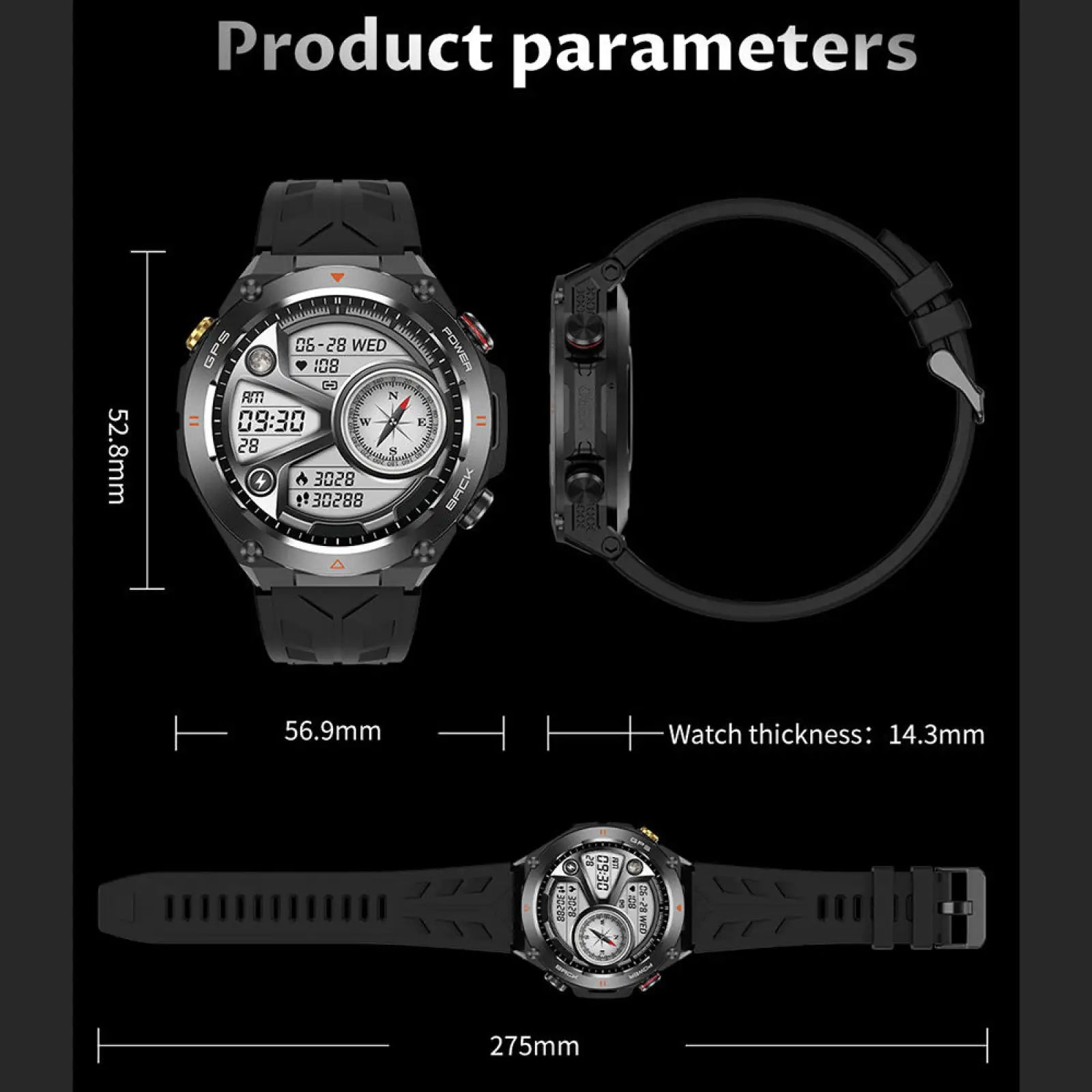 Black rubber strap Senbono rugged GPS smartwatch with silver multifunctional analog and digital sports watch face