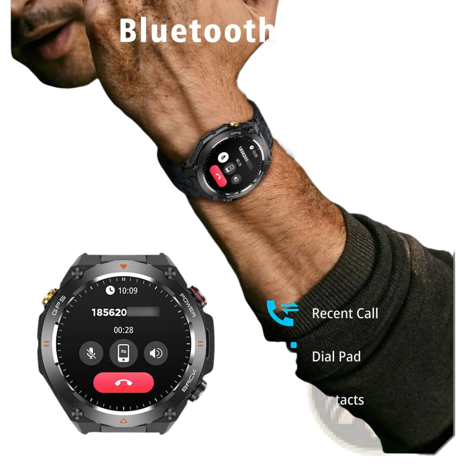 Black and silver Senbono rugged GPS smartwatch with altimeter compass and call interface on circular display