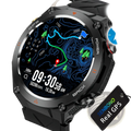 Black Senbono rugged GPS smartwatch with altimeter compass durable case showing digital trail map and step count display