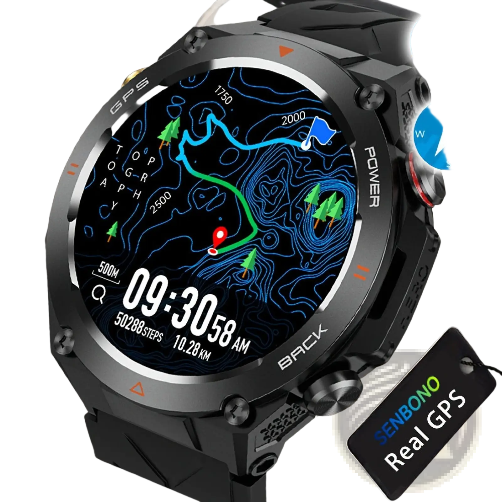 Black Senbono rugged GPS smartwatch with altimeter compass durable case showing digital trail map and step count display